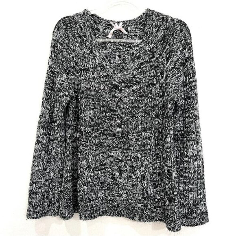 Derek Heart Plus Black White V-Neck Knit Pullover Sweater w/ Kangaroo Pocket 2X